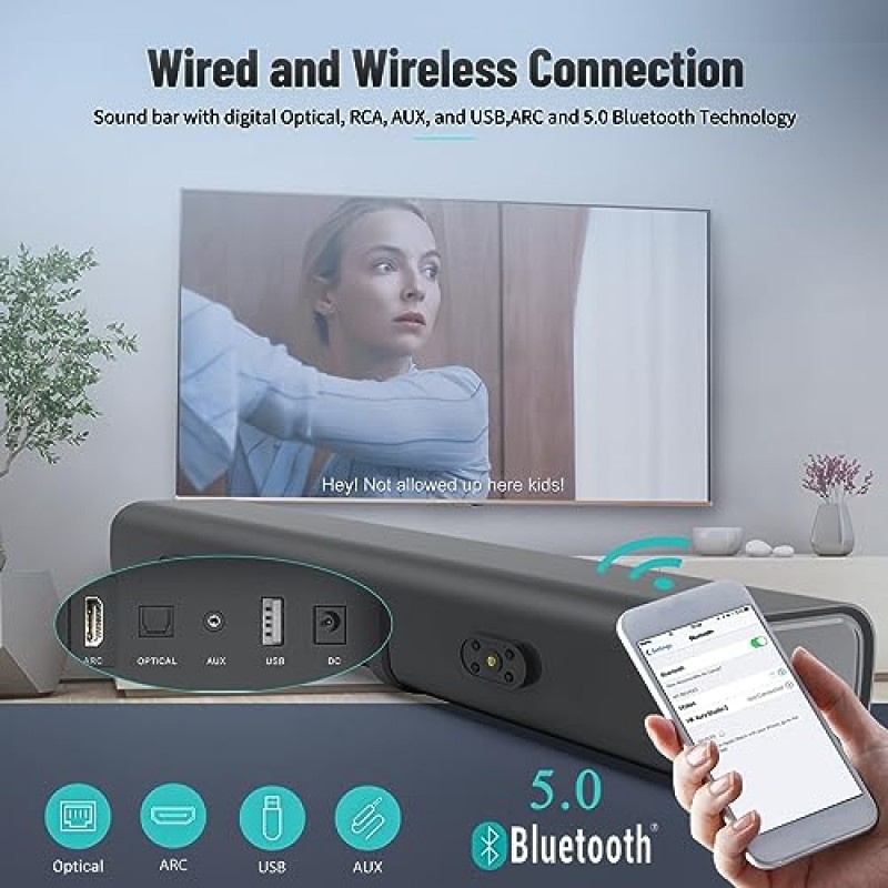 BESTISAN 사운드 바, TV용 21인치 유선 및 무선 스테레오 사운드바, Bluetooth 5.0, 3가지 이퀄라이저 모드 사운드 바, 고음/저음 조절 가능, 벽 장착 가능, Aux/HDMI ARC/광/동축 연결