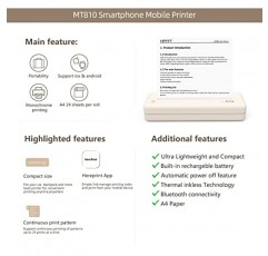HPRT 휴대용 여행용 프린터 MT810 - 감열식 잉크가 필요 없는 가정용 컴팩트 프린터 - 자동차 및 사무실용 종이 롤 모바일 인쇄 - iOS Android 휴대폰 및 노트북과 호환되는 Bluetooth 무선 프린터