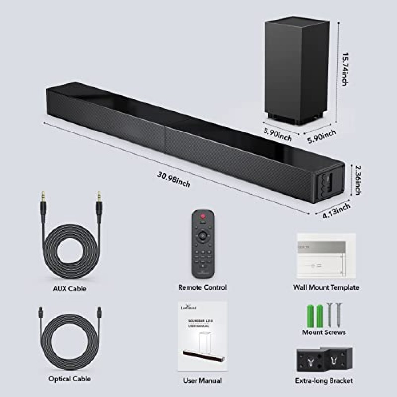 LARKSOUND 2.1 서브우퍼 포함 사운드바, TV용 사운드바, Bluetooth/HDMI ARC/광학/AUX/USB 지원 서라운드 사운드 시스템, 31인치