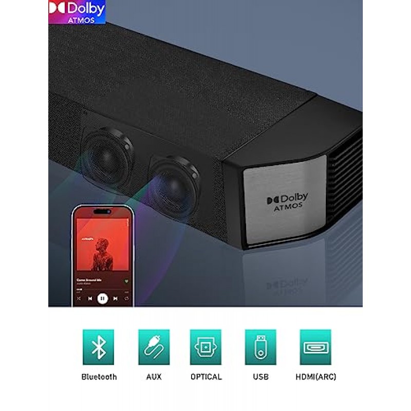 RAINEVERRY 5.1.2 Dolby Atmos가 포함된 프리미엄 사운드 바, TV용 서라운드 사운드 시스템, 무선 서브우퍼, 홈 시어터 서라운드 사운드 시스템, Bluetooth 5.1, 4K 및 HD TV와 작동| HDMI 및 광학