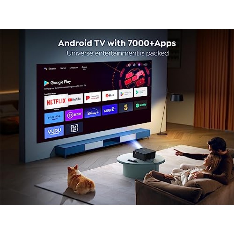Android TV를 갖춘 프로젝터 4K, YABER K2s 800 ANSI WiFi 6 Bluetooth 프로젝터, JBL 사운드, Dolby Audio, 자동 초점 및 키스톤, Netflix 7000개 이상의 앱을 갖춘 네이티브 1080P 4K 지원 야외 영화 프로젝터