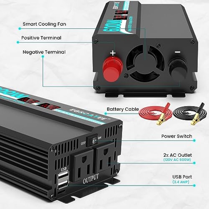 EGSCATEE 600W 순수 사인파 전력 인버터 12V DC ~ 120V AC 변환기(자동차, 트럭, 가정, 차량, 노트북, 차량용 충전기 어댑터 12V ~ 110V, 내장형 AC 콘센트 2개, USB 포트 2개, LCD 디스플레이 포함)