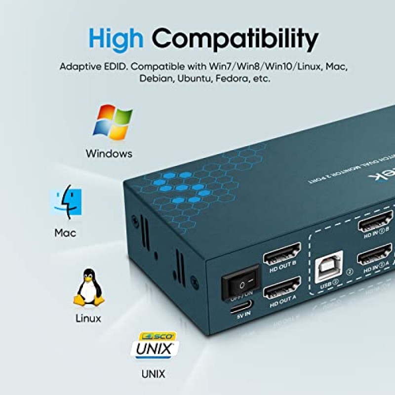 Steetek HDMI KVM 스위치 듀얼 모니터, 4K@60Hz KVM 스위치 2 포트, USB 2.0 KVM 스위치, 2 모니터 2 컴퓨터 KVM 스위치, HDMI 2.0, HDCP 2.2, 버튼 스위치 및 핫키 스위칭