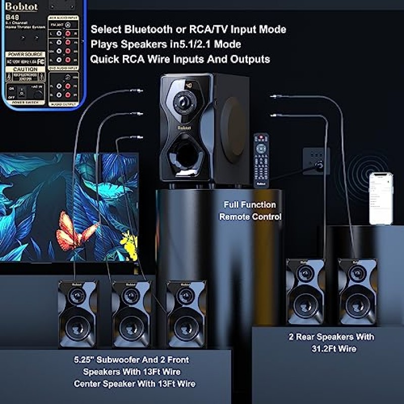 Bobtot 서라운드 사운드 스피커 홈 시어터 시스템 - 700와트 피크 전력 5.1/2.1유선 스테레오 스피커 시스템 5.25인치 서브우퍼 강력한 베이스, Bluetooth HDMI ARC 광학 입력