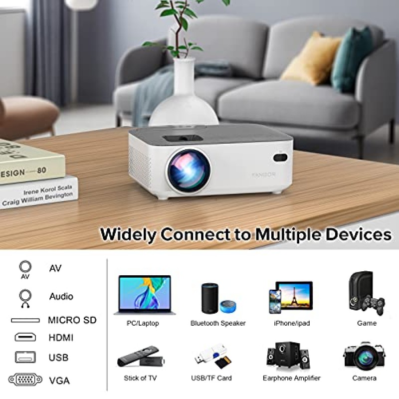 블루투스 기능이 있는 FANGOR Wifi 10000L 프로젝터 - 홈 시어터용 미니 야외 영화 프로젝터, HDMI/USB/VGA/AV/스마트폰을 지원하는 휴대용 비디오 프로젝터 1080P [삼각대 및 휴대용 가방 포함]