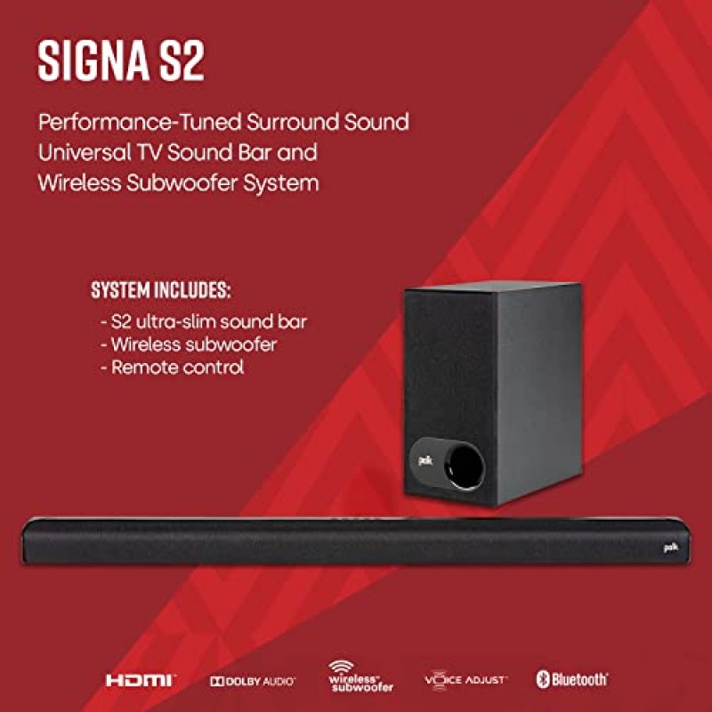Polk Audio Signa S2 초슬림 TV 사운드 바, 4K 및 HD TV와 작동, 무선 서브우퍼, HDMI 및 광 케이블 포함, Bluetooth 지원, 블랙