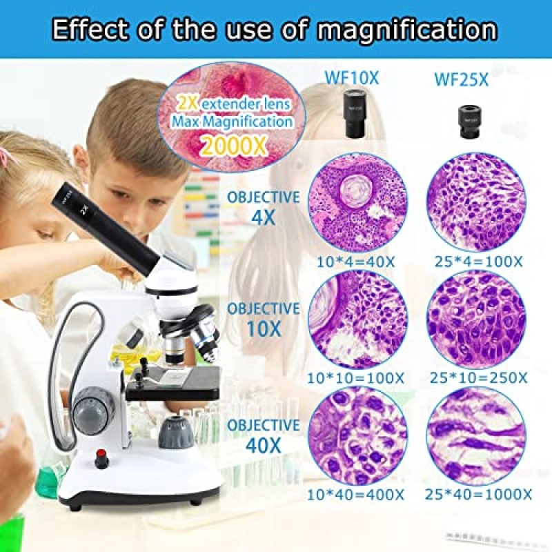 어린이 학생 성인을 위한 Crspexil 40X-2000X 현미경, 현미경 준비 슬라이드 30p 포함, 현미경 액세서리, 전화 어댑터, 학교 실험실 가정 교육용 현미경