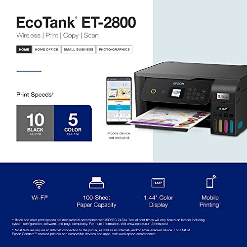 Epson EcoTank ET-2800 무선 컬러 올인원 카트리지 프리 슈퍼탱크 프린터(스캔 및 복사 기능 포함) - 이상적인 기본 가정용 프린터 - 검정, 중형