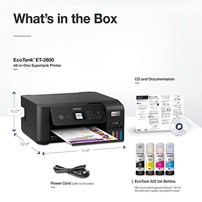 Epson EcoTank ET-2800 무선 컬러 올인원 카트리지 프리 슈퍼탱크 프린터(스캔 및 복사 기능 포함) - 이상적인 기본 가정용 프린터 - 검정, 중형