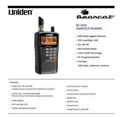 Uniden Bearcat BC125AT 휴대용 스캐너, 500-알파 태그 채널, 근접 통화 기술, PC 프로그래밍 가능, 항공, 해양, 철도, NASCAR, 레이싱 및 비디지털 경찰/소방/공공 안전.