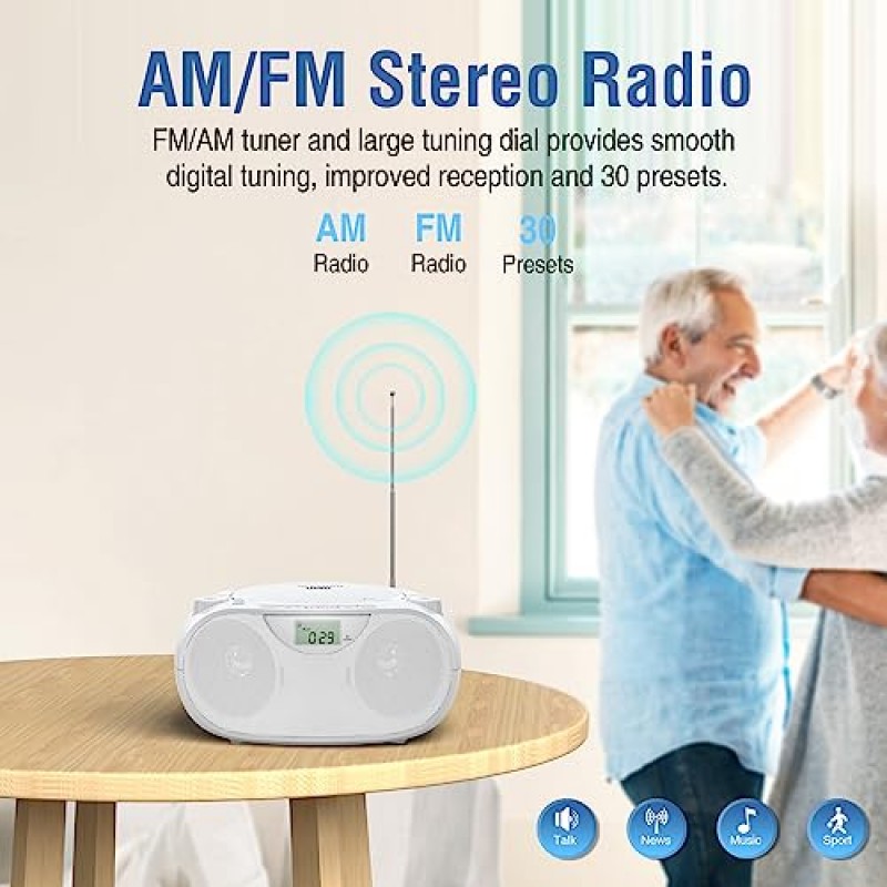 AM/FM 라디오, Bluetooth, USB, AUX-in, 헤드폰 잭, CD-R/RW 및 MP3 CD 호환이 가능한 Nextron 휴대용 스테레오 CD 플레이어 Boombox, 베이스 부스트가 포함된 깨끗하고 완전한 사운드, AC/배터리 작동 – 흰색