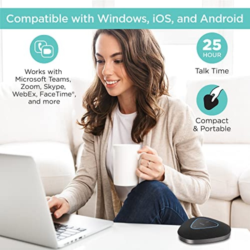 iHome 회의 스피커 및 마이크, 홈 오피스용 소음 제거 마이크 3개가 포함된 USB 및 Bluetooth 스피커폰, Mac, Windows, iOS 및 Android와 호환 가능