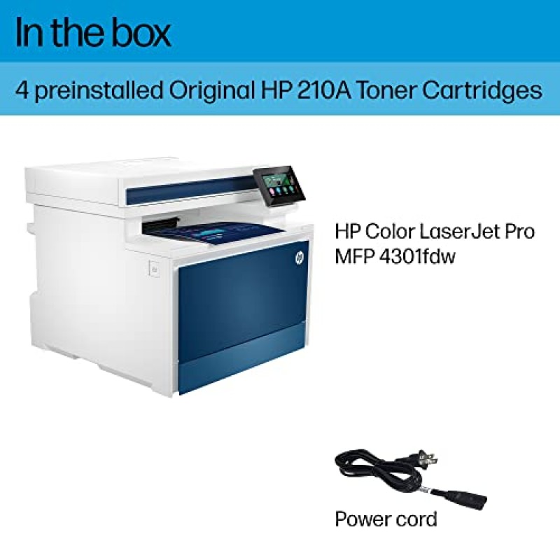 HP 컬러 레이저젯 프로 MFP 4301fdw 무선 프린터, 인쇄, 스캔, 복사, 팩스, 빠른 속도, 간편한 설정, 모바일 인쇄, 고급 보안, 소규모 팀에 적합, 흰색, 16.6 x 17.1 x 15.1인치