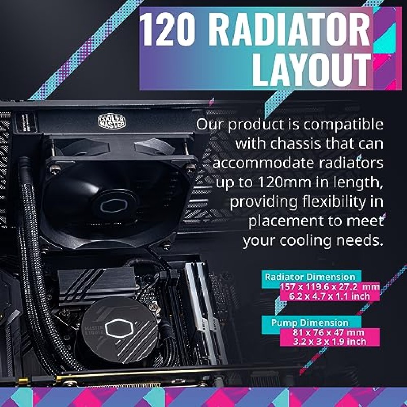 Cooler Master MasterLiquid 120L 코어 120mm 폐쇄 루프 AIO 수냉 쿨러, 백색 LED 펌프, Gen S 콜드플레이트 펌프, 120mm PWM, CryoFuze 14W/mK, AMD Ryzen AM5/AM4, Intel LGA1700/1200(MLW-D12M-A17PK-R1)