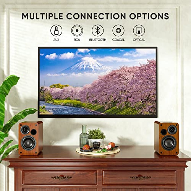 Saiyin Bluetooth 북쉘프 스피커, 3.5인치 우퍼가 포함된 30W X 2개의 전원 TV 스피커, PC 및 TV용 광학/AUX/RCA 입력이 포함된 턴테이블 스피커