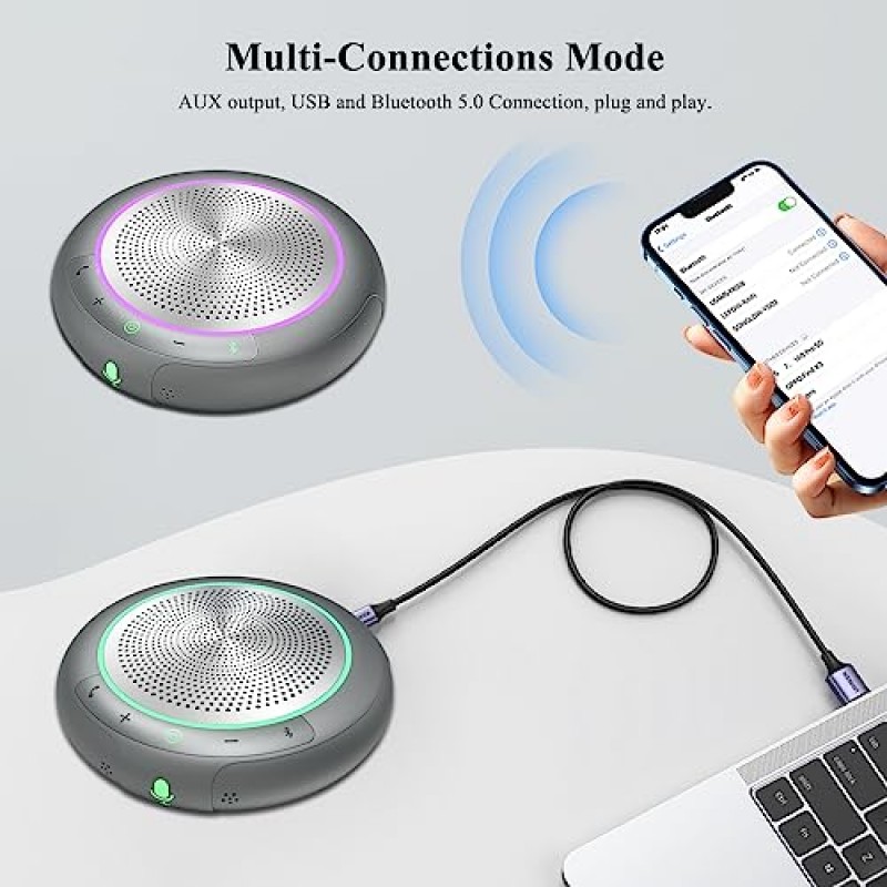 LINGHUFOX 회의 스피커(마이크 포함), 실버 360° 음성 픽업 휴대용 회의 마이크 소음 감소 줌, Webex, 가정, 사무실, 온라인 통화용 Bluetooth 5.0 스피커폰