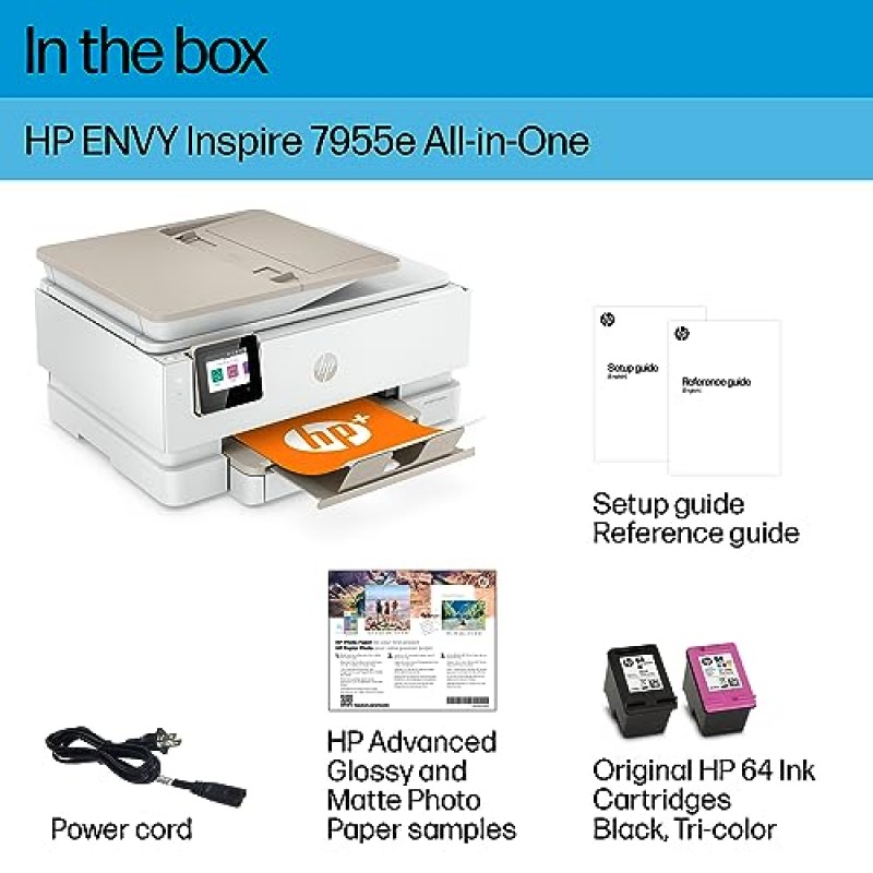 HP ENVY Inspire 7955e 무선 컬러 잉크젯 프린터, 인쇄, 스캔, 복사, 손쉬운 설정, 모바일 인쇄, 가정용으로 적합, HP+를 지원하는 인스턴트 잉크, 흰색