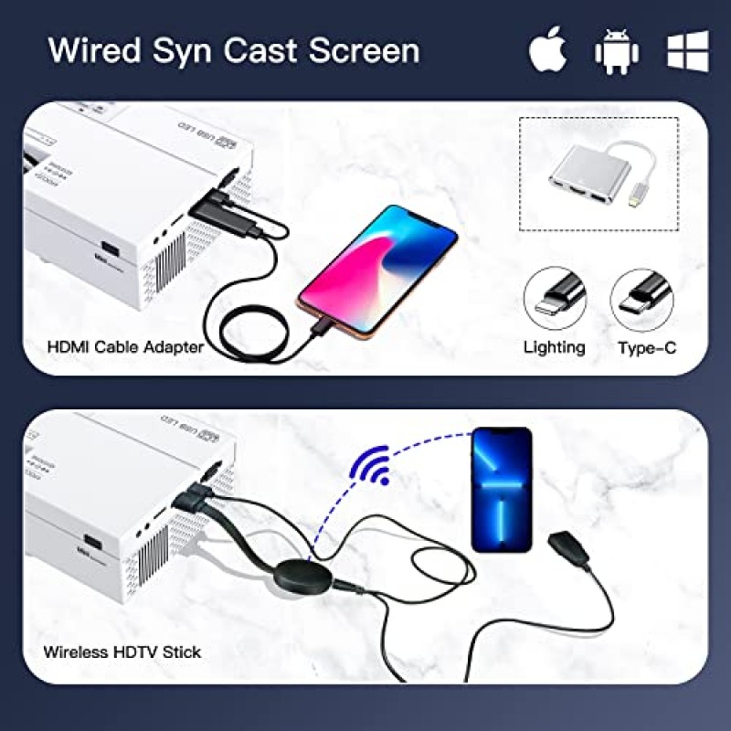 iPhone용 미니 프로젝터, 풀 HD 1080P 지원 비디오 프로젝터, TV 스틱과 호환되는 9000L 홈 시어터 영화 프로젝터 HDMI VGA USB AV Android/iOS