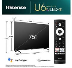 Hisense 75인치 클래스 U6 시리즈 미니 LED ULED 4K UHD Google 스마트 TV(75U6K, 2023 모델) - QLED, 풀 어레이 로컬 디밍, HDR 10+, VRR 게임 모드, 240 모션 속도, Alexa 호환성