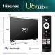 Hisense 75인치 클래스 U6 시리즈 미니 LED ULED 4K UHD Google 스마트 TV(75U6K, 2023 모델) - QLED, 풀 어레이 로컬 디밍, HDR 10+, VRR 게임 모드, 240 모션 속도, Alexa 호환성