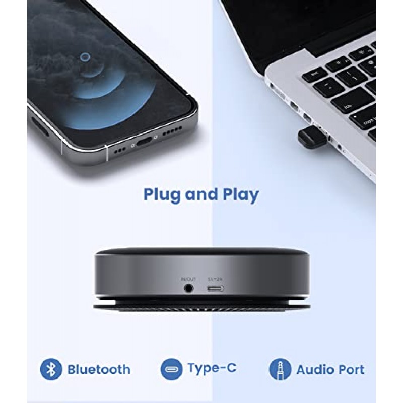 Enther&MAXHUB 업그레이드된 BM21 블루투스 회의 스피커폰, 무선 충전이 가능한 원격 회의 스피커, 홈 오피스용 마이크 6개를 갖춘 USB 스피커, 향상된 360° 음성 픽업 및 소음 감소