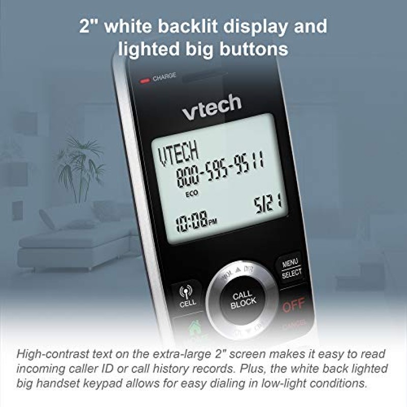 VTech VS113-5 확장 범위 5 가정용 핸드셋 무선 전화기, 통화 차단, 셀 블루투스 연결, 2인치 백라이트 화면, 대형 버튼 및 응답 시스템, 실버 및 블랙