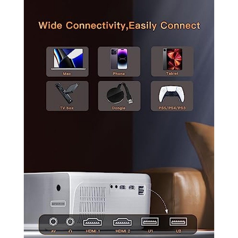 [업그레이드됨] 프로젝터, 실외 프로젝터 4K 지원, 600ANSI 20000 루멘, WiFi 블루투스를 갖춘 실외용 ONOAYO 1080P 영화 프로젝터, iOS/Android/PC/PS4/TV 스틱/HDMI/USB와 호환 가능