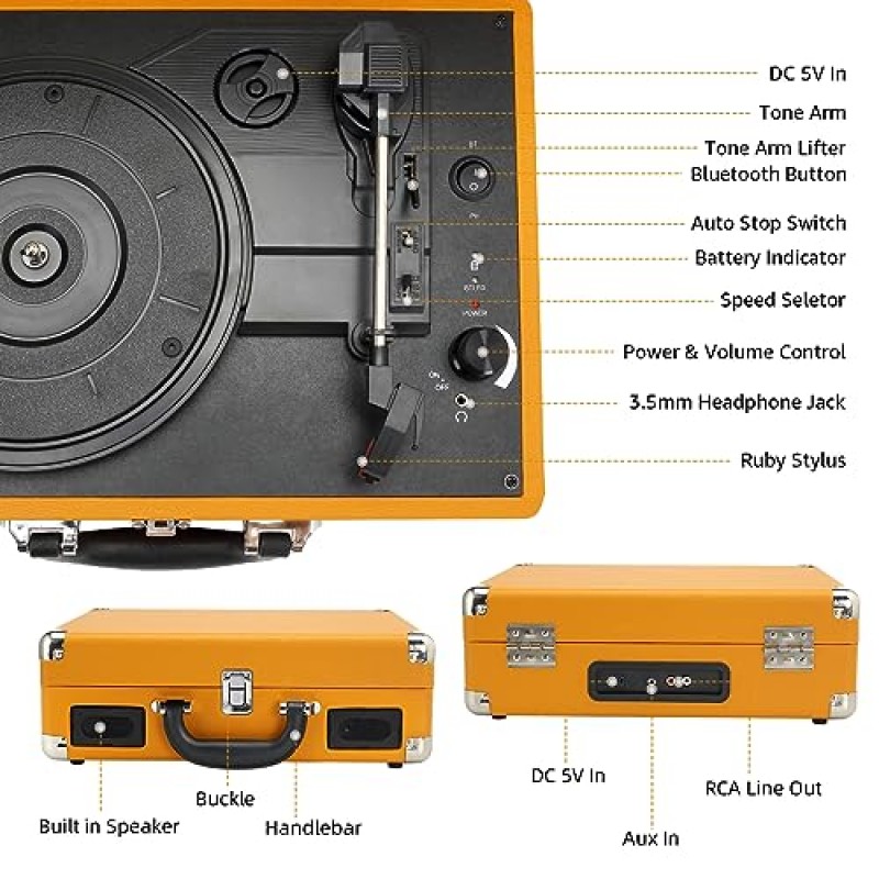 Jorlai 비닐 레코드 플레이어 블루투스가 포함된 3단 턴테이블, 휴대용 가방, 내장 배터리 스테레오 스피커, 3.5mm 헤드폰 잭, 홈 인테리어 선물용 Aux 입력/RCA 출력