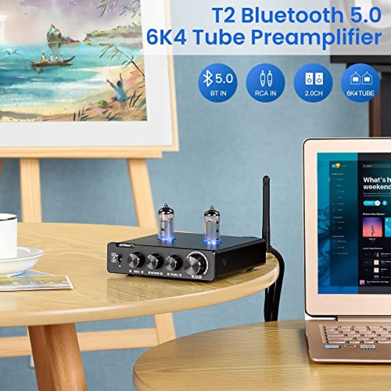 【업그레이드】AIYIMA T2 6K4 튜브 프리앰프 Bluetooth 5.0, 고음 및 저음 제어 HiFi 오디오 프리앰프, DC12V 전원 어댑터가 있는 홈 오디오 앰프 시스템용
