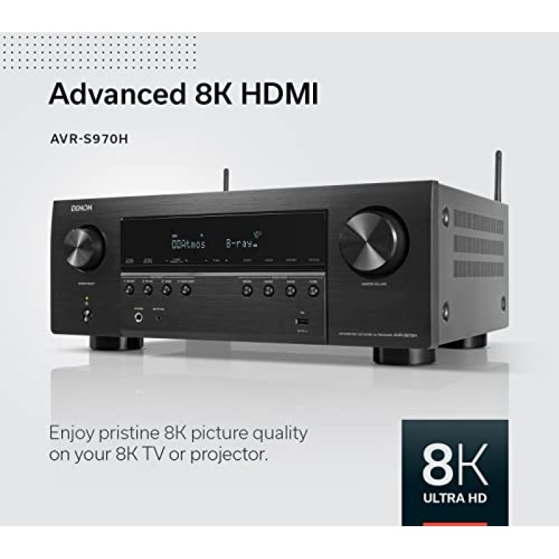 Denon AVR-S970H 8K Ultra HD 7.2 채널(90Watt X 7) AV 수신기 2020 모델 - 게임, 음악 스트리밍, 3D 오디오 및 비디오, Alexa + HEOS, 블랙용으로 제작