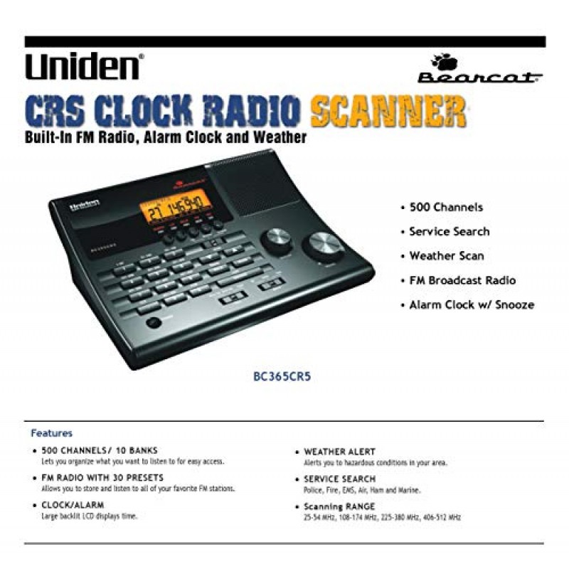 Uniden BC365CRS 500 채널 스캐너 및 알람 시계(스누즈, 수면, 기상 경보 기능이 있는 FM 라디오 포함), 경찰, 화재/EMS, 항공기, 라디오 및 해양 전송에 일반적으로 사용되는 검색 밴드