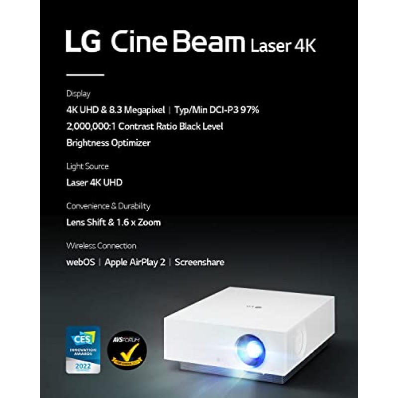 LG HU810PW 4K UHD(3840 x 2160) 스마트 듀얼 레이저 CineBeam 프로젝터, 97% DCI-P3 및 2700 ANSI 루멘