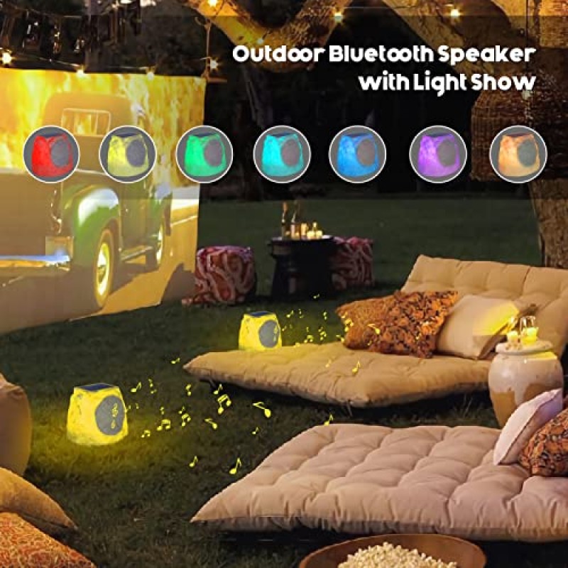 Postlucky 야외 락 스피커 RGB 색상으로 방수되는 태양열 무선 블루투스 5.0 스피커 멀티 유닛 파티오 풀 데크 야드 정원 및 가정용 야외 스피커 연결 - 쌍