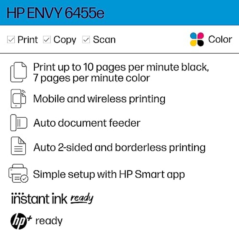 HP ENVY 6455e 무선 컬러 잉크젯 프린터, 인쇄, 스캔, 복사, 손쉬운 설정, 모바일 인쇄, 가정용으로 적합, HP+ 인스턴트 잉크, 흰색