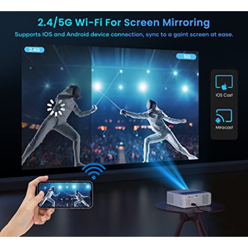 FANGOR 4K 지원 프로젝터(5G WiFi 및 Bluetooth 포함) - 야외 영화용 HD 900 ANSI 1080P 네이티브 프로젝터, 4P 키스톤 50% 줌 기능이 있는 홈 비디오 프로젝터, TV 스틱/Roku/노트북/전화 지원
