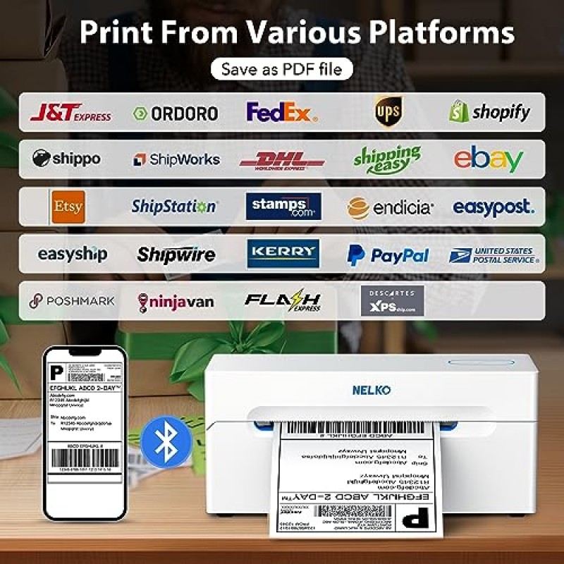 Nelko Bluetooth 감열식 배송 라벨 프린터, 배송 패키지용 무선 4x6 배송 라벨 프린터, Android, iPhone 및 Windows 지원, Amazon, Ebay, Shopify, Etsy(흰색)에 널리 사용됨