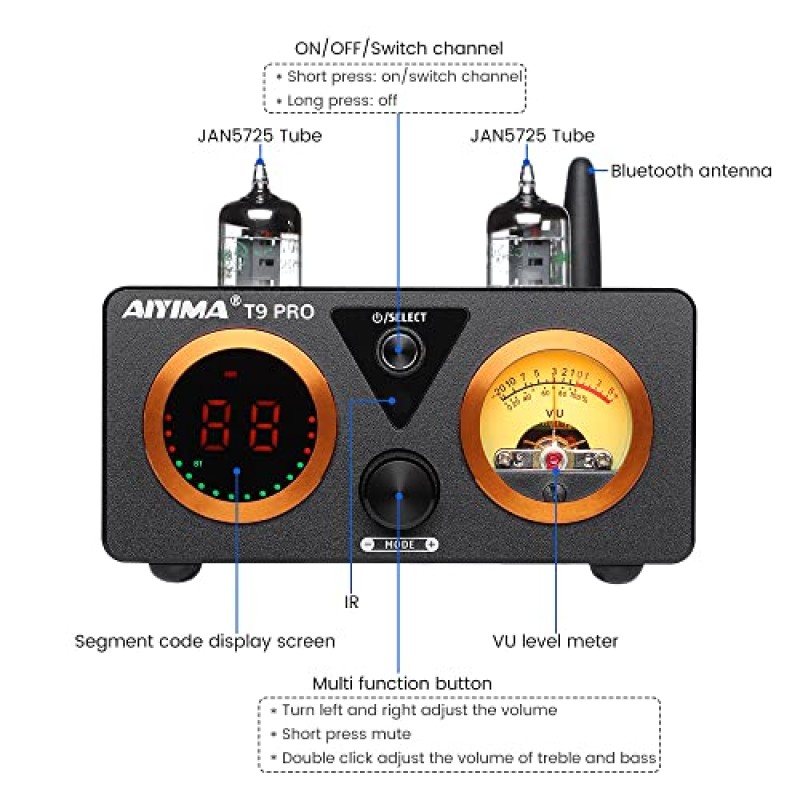 AIYIMA T9 PRO 200W Bluetooth 증폭기 HiFi 디지털 클래스 D 앰프 2.0/2.1 채널 진공관 파워 앰프, VU 미터 및 베이스 Treble Bluetooth 5.1 DAC 동축 광 PC-USB 입력