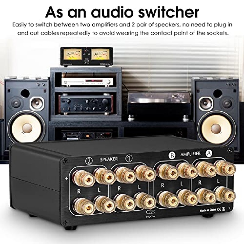 Douk Audio VU3 듀얼 아날로그 VU 미터, 2방향 증폭기/스피커 스위치, DB 패널 디스플레이가 있는 오디오 스위처 박스