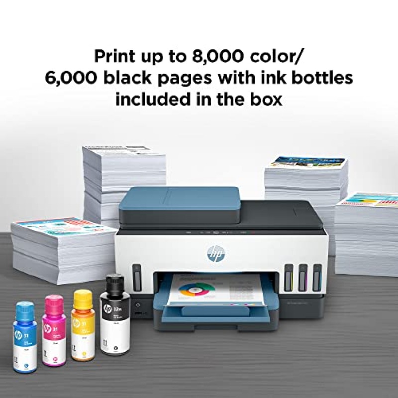 HP Smart -Tank 7602 무선 올인원 카트리지 프리 잉크 프린터, 최대 2년 잉크 포함, 모바일 인쇄, 스캔, 복사, 팩스, 자동 문서 공급기, 앱과 유사한 매직 터치 패널(28B98A) 특징 파란색