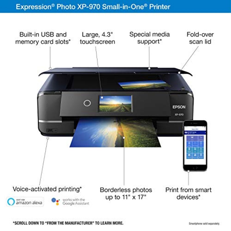 Epson Expression Photo XP-970 무선 컬러 포토 프린터(스캐너 및 복사기 포함), 블랙