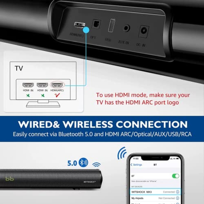 WITSHOCK 사운드 바 사운드바 TV 스피커: 서브우퍼가 내장된 2.1 채널 서라운드 시스템 홈 시어터 무선 유선 Bluetooth 5.0 광학 AUX HDMI-ARC RCA TV용 USB 연결 - 장착 가능