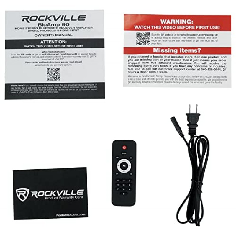 Rockville BLUAMP 90 홈 스테레오 블루투스 수신기 앰프, 마이크+포노+HDMI 입력 포함