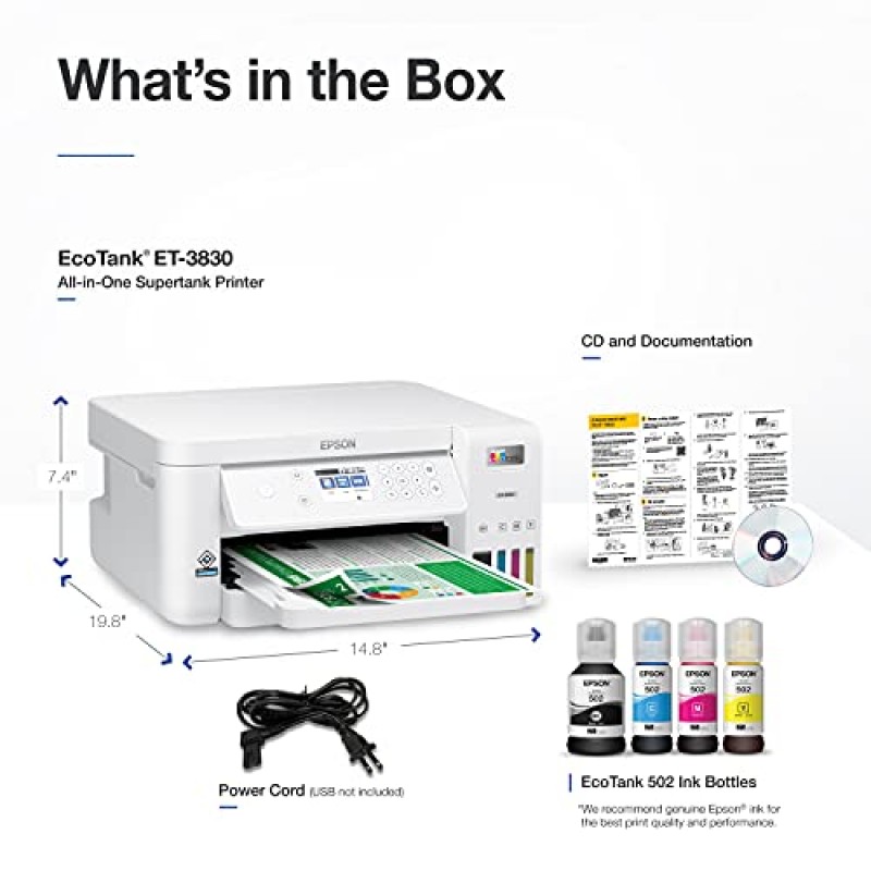 스캔, 복사, 자동 양면 인쇄 및 이더넷 기능을 갖춘 Epson EcoTank ET-3830 무선 컬러 올인원 카트리지 없는 슈퍼탱크 프린터 – 완벽한 생산성을 갖춘 프린터 제품군,흰색
