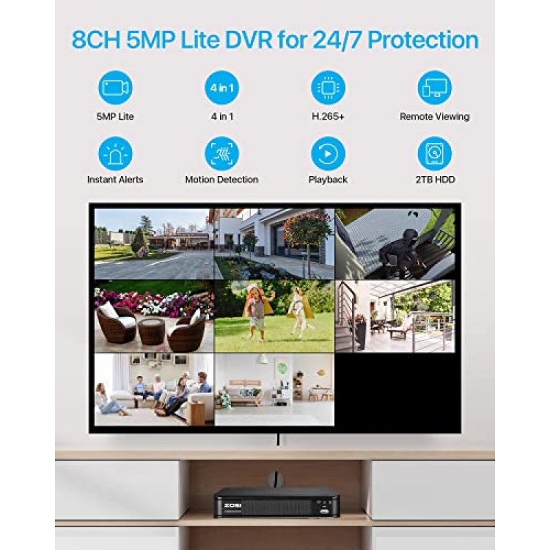 ZOSI 1080P H.265+ 홈 보안 카메라 시스템, 5MP Lite 8채널 CCTV DVR 레코더(하드 드라이브 포함) 2TB 및 8 x 1080p 감시 불릿 카메라 실외 실내 80피트 나이트 비전, 동작 알림