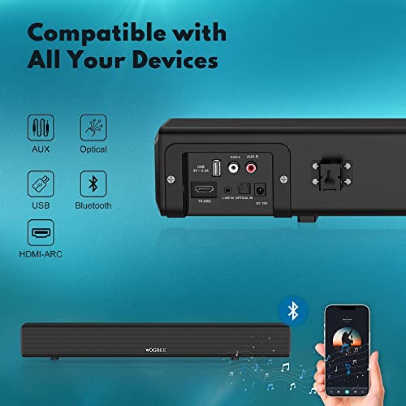 서브우퍼가 내장된 wogree 2.1채널 사운드바, TV용 80W 24인치 소형 소형 사운드바, 홈 오디오 TV 스피커, Bluetooth, HDMI-ARC, 광학, AUX, 라인인 및 USB 입력 지원