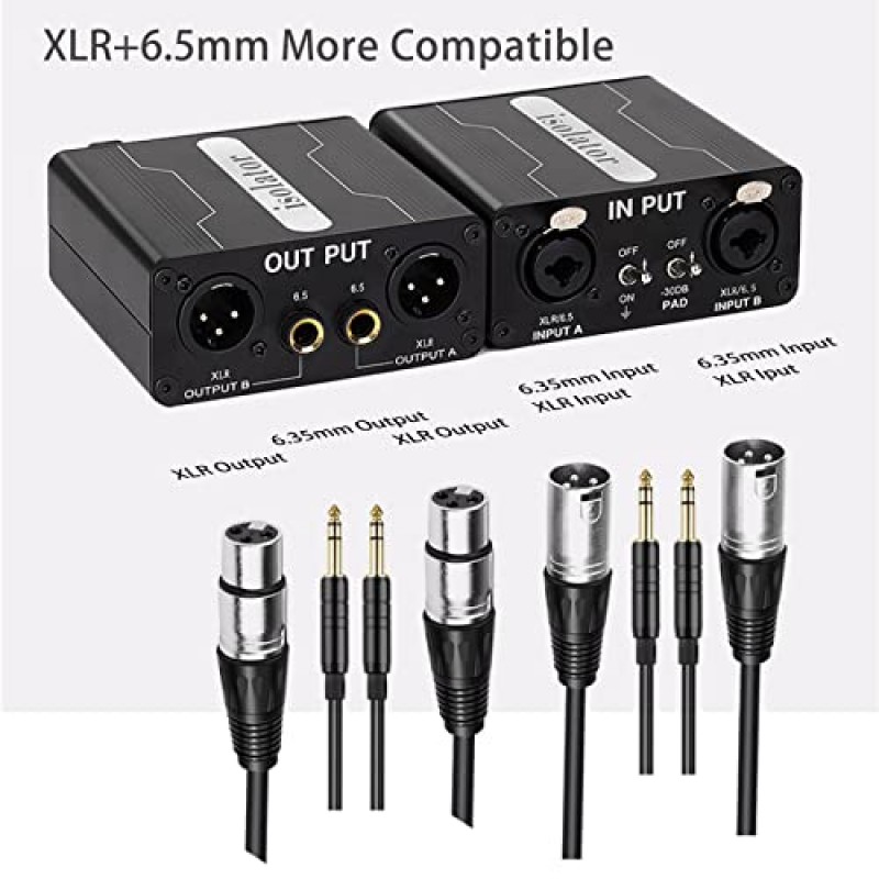 XLR 접지 루프 아이솔레이터 XLR 및 잭 6.5mm 오디오가 포함된 홈 스테레오 시스템/스피커/자동차 오디오/자동차 키트/오디오 플레이어용 듀얼 채널 험 제거기(현재의 윙윙거리는 소음을 완전히 제거)