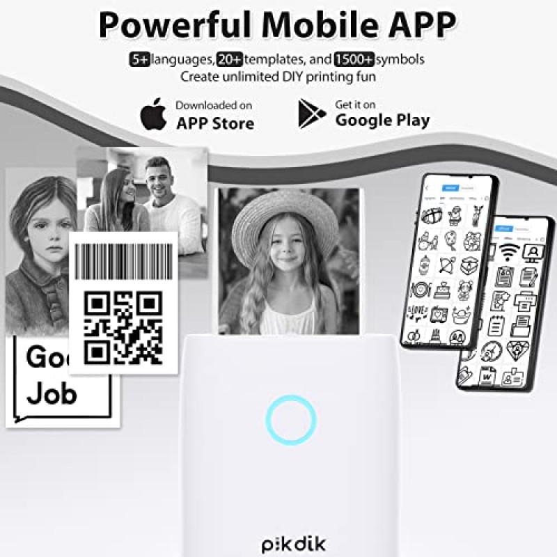 PikDik 미니 포켓 열전사 프린터 - PD-Q2 휴대용 블루투스 잉크리스 프린터 기계 300 DPI 2인치 작업 목록, 사진, 영수증, 어린이 DIY, QR 코드, 흰색용 Android 및 iOS와 호환 가능