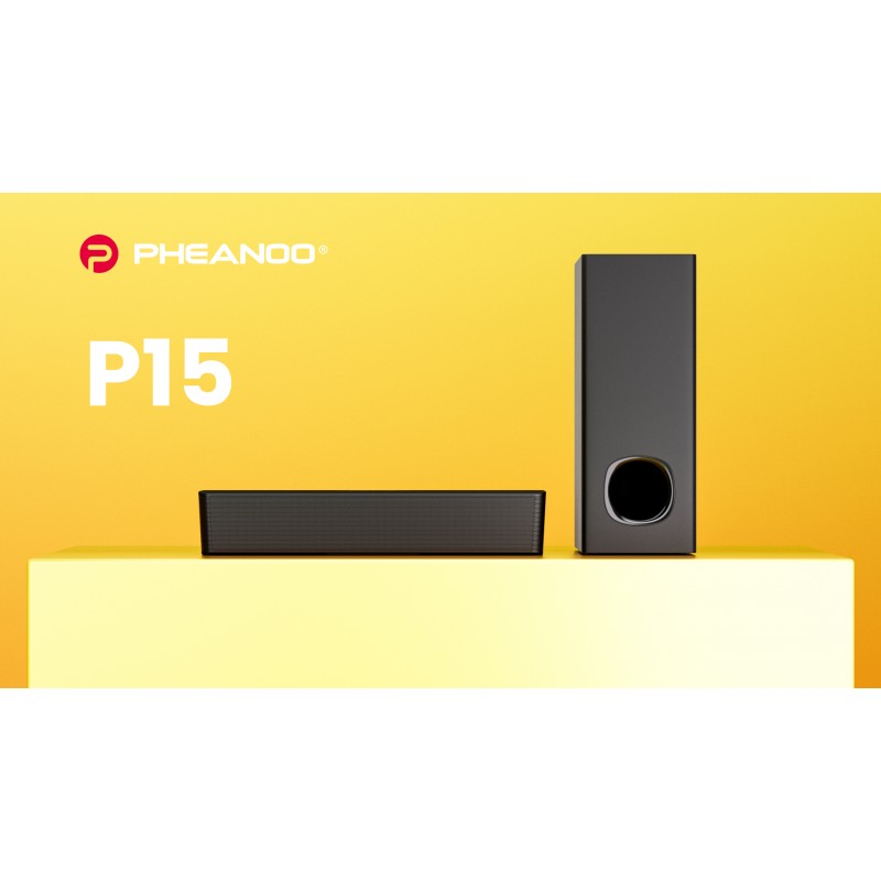 PHEANOO 2.1 TV용 컴팩트 사운드바(서브우퍼 포함), HDMI ARC/블루투스 5.0/광학/AUX/RCA 연결, 리모컨, 조절 가능한 베이스, 벽걸이형 - P15, 140W, 16인치