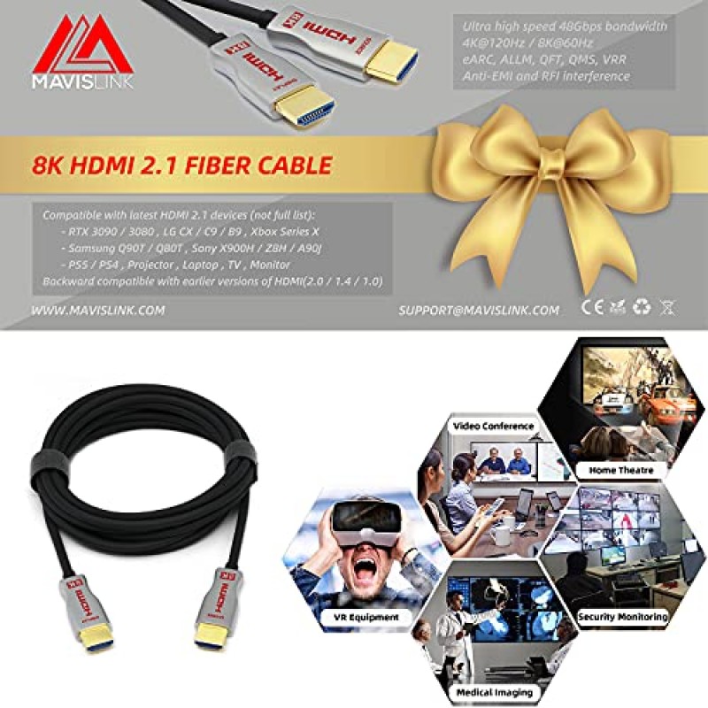 MavisLink 8K HDMI 2.1 광섬유 케이블 3ft 48Gbps 8K60Hz 4K120Hz 동적 HDR/eARC/HDCP 2.3 HDTV/게임 콘솔/프로젝터/홈 시어터용 슬림형 유연성