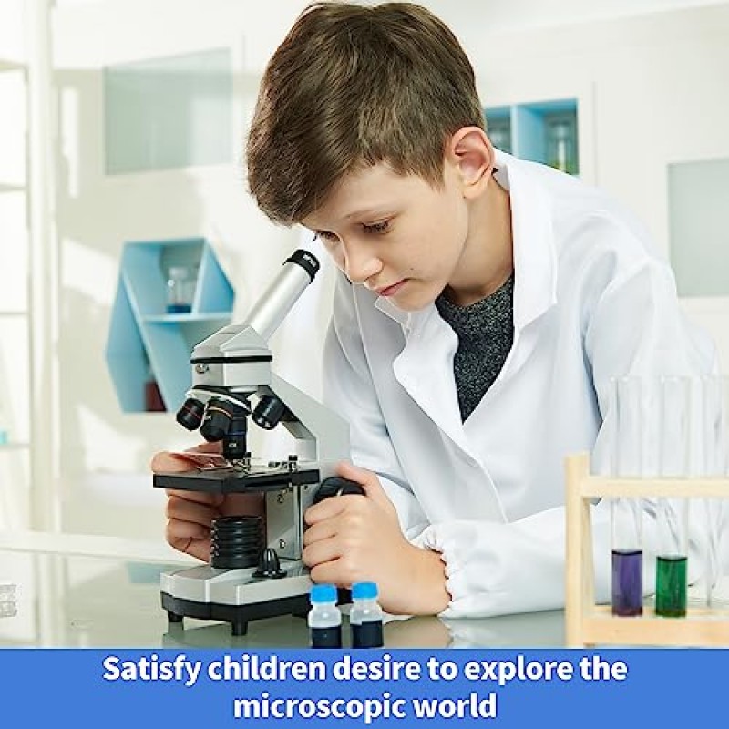성인 어린이 학생용 현미경, 휴대용 상자, 현미경 슬라이드 키트, 전화 어댑터, 학교 실험실 가정 교육용 생물학적 복합 현미경이 포함된 40X-1600X 어린이 현미경 세트